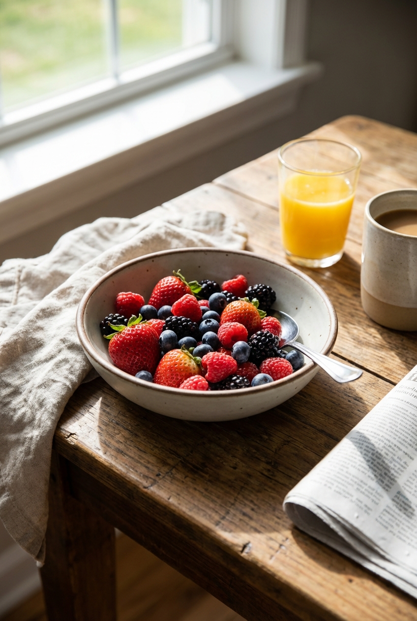 A bowl of fresh berries with a spoon on a breakfast table