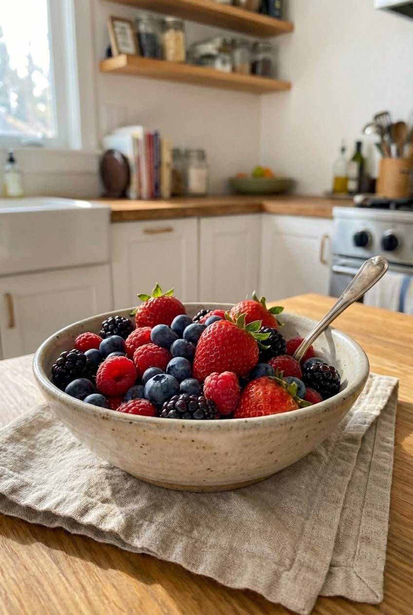 A bowl of fresh berries with a spoon on a linen napkin