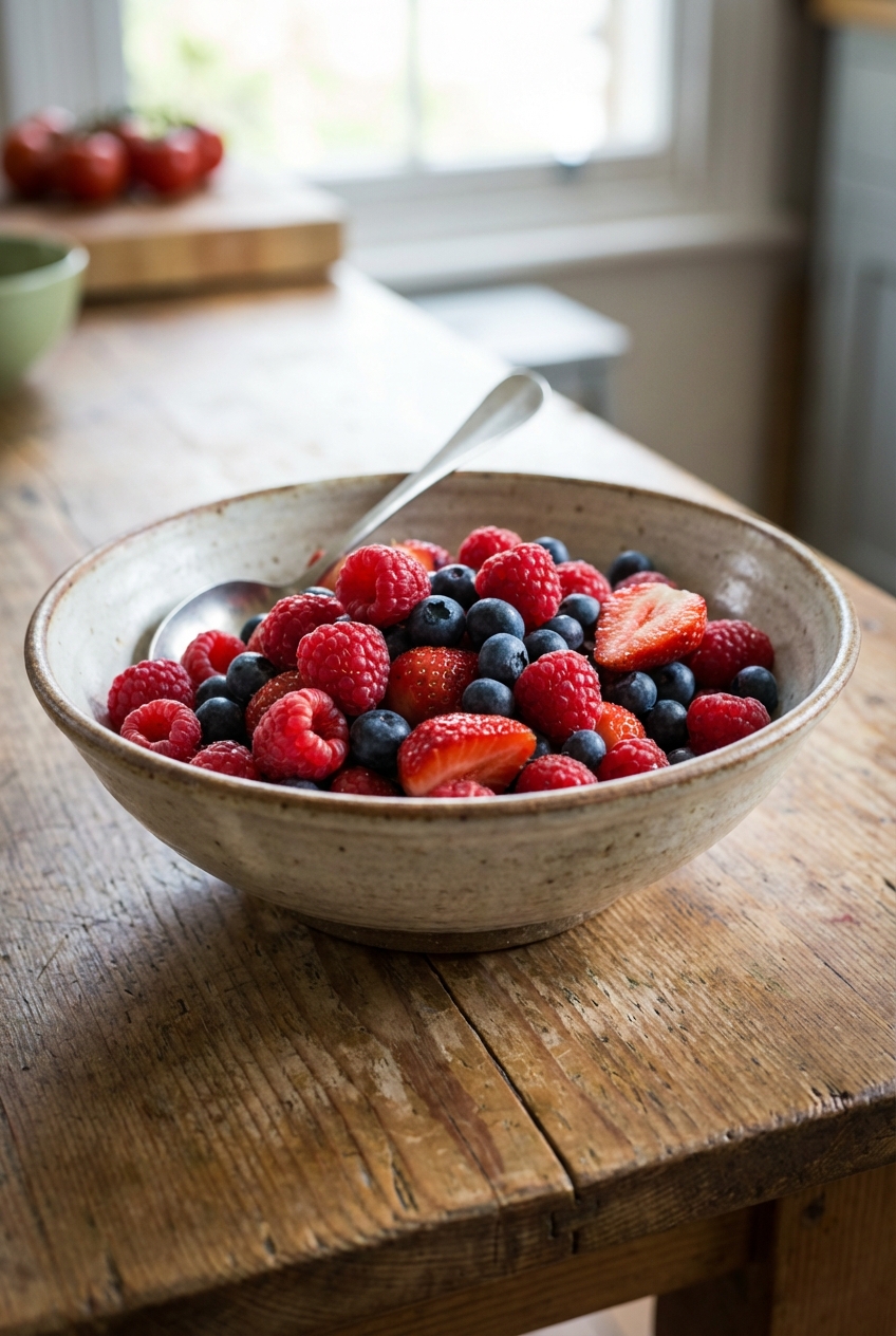 A bowl of fresh berries with a spoon on a wooden table