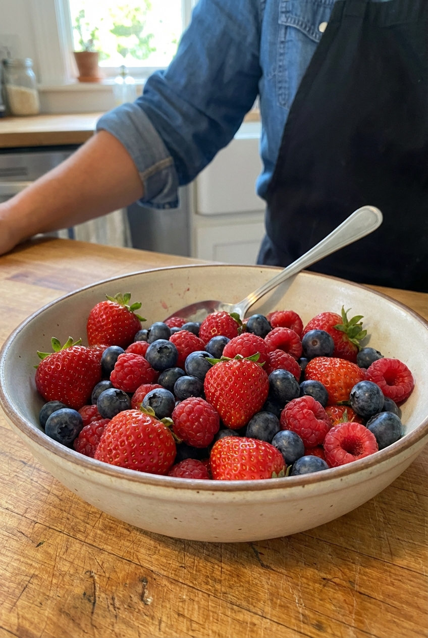 A bowl of fresh berries with a spoon