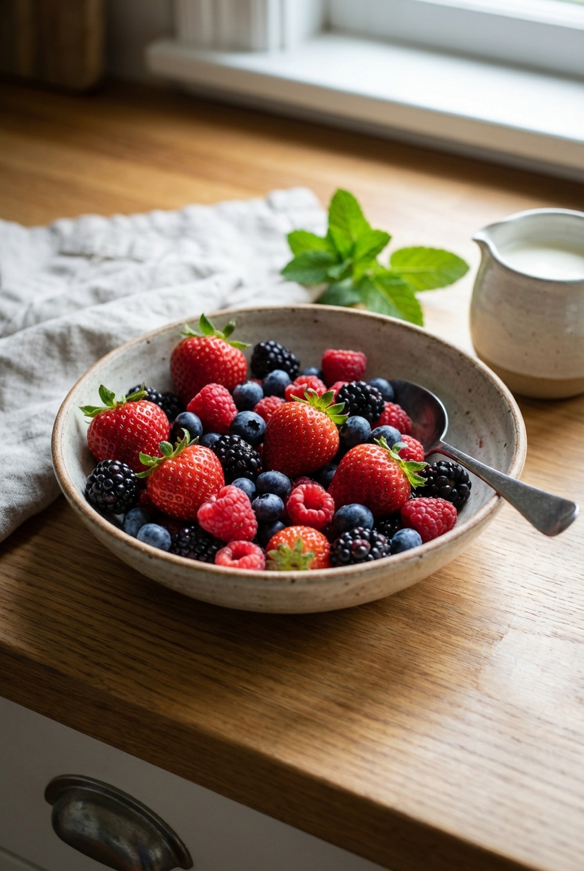 A bowl of fresh berries with a spoon