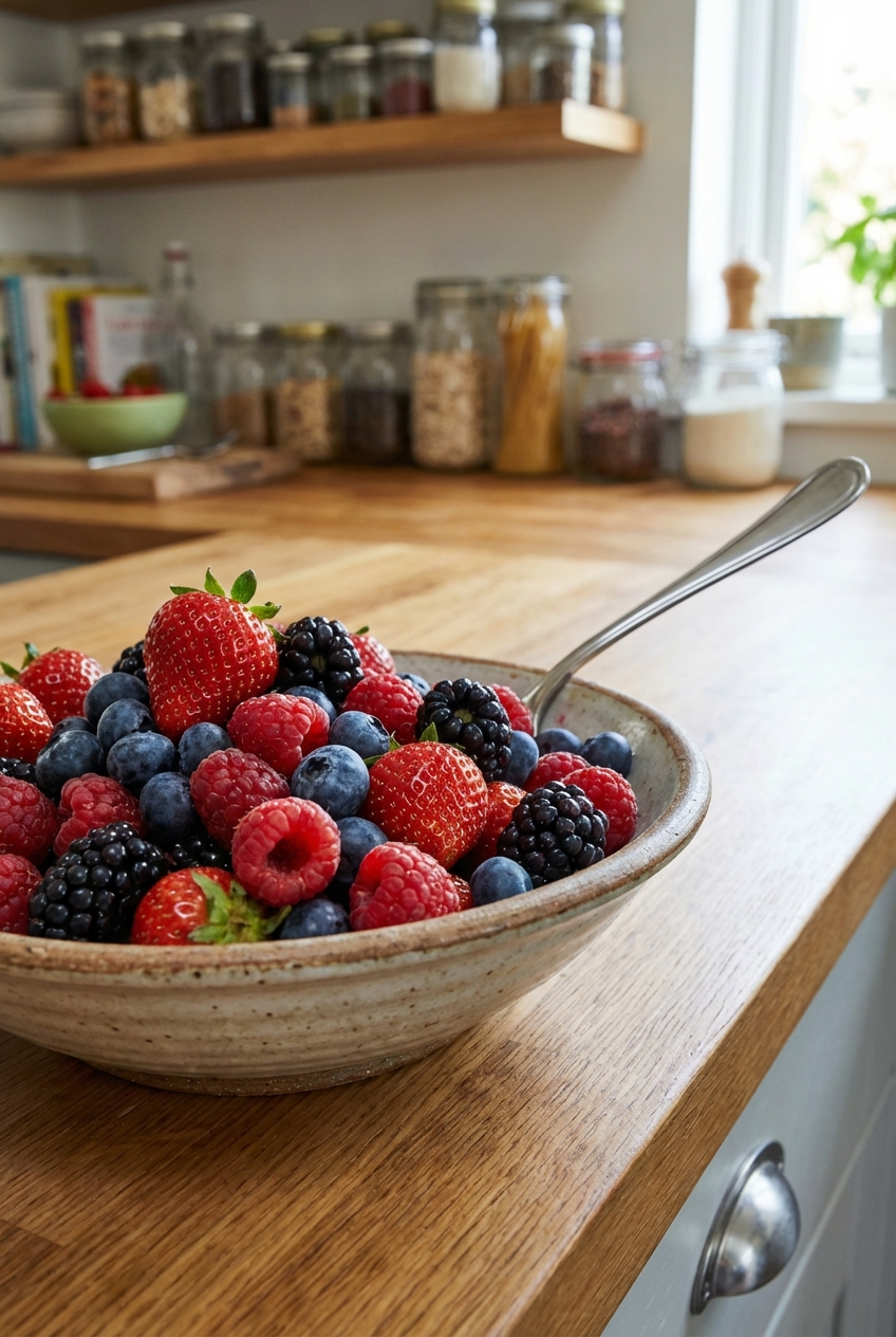A bowl of fresh berries with a spoon