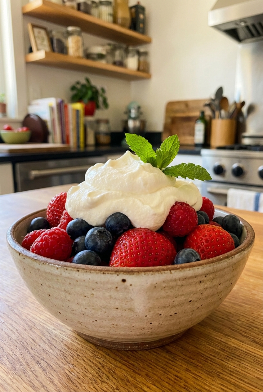 A bowl of fresh berries with whipped cream