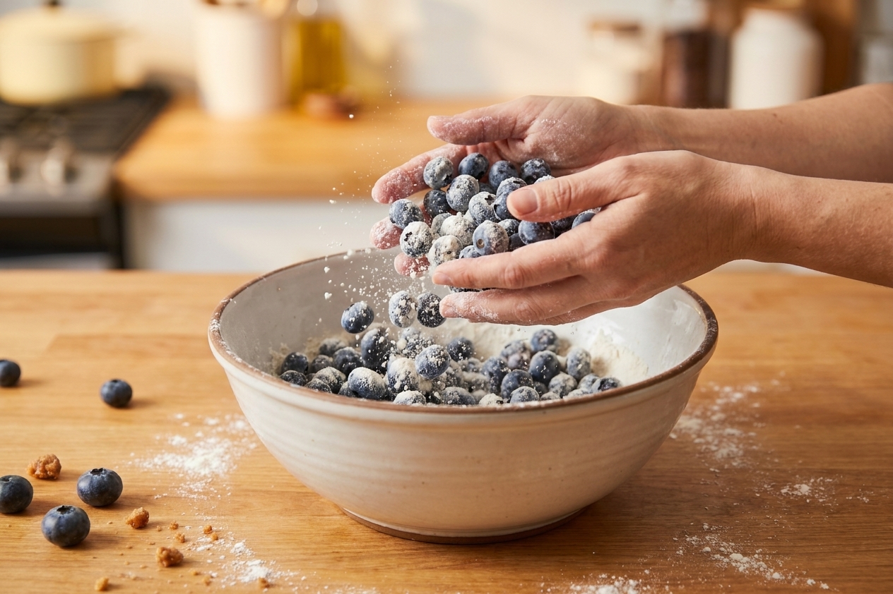 A bowl of fresh blueberries being tossed with a light coating of flour on a kitchen counter