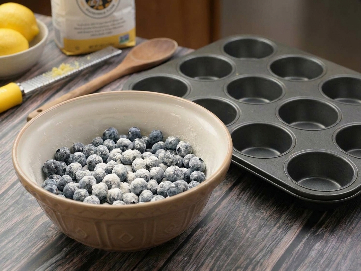 A bowl of fresh blueberries lightly coated with flour on a kitchen counter next to a muffin pan