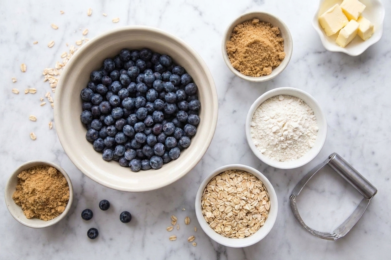 A bowl of fresh blueberries next to small bowls of rolled oats, flour, brown sugar, and cubes of butter on a bright kitchen counter
