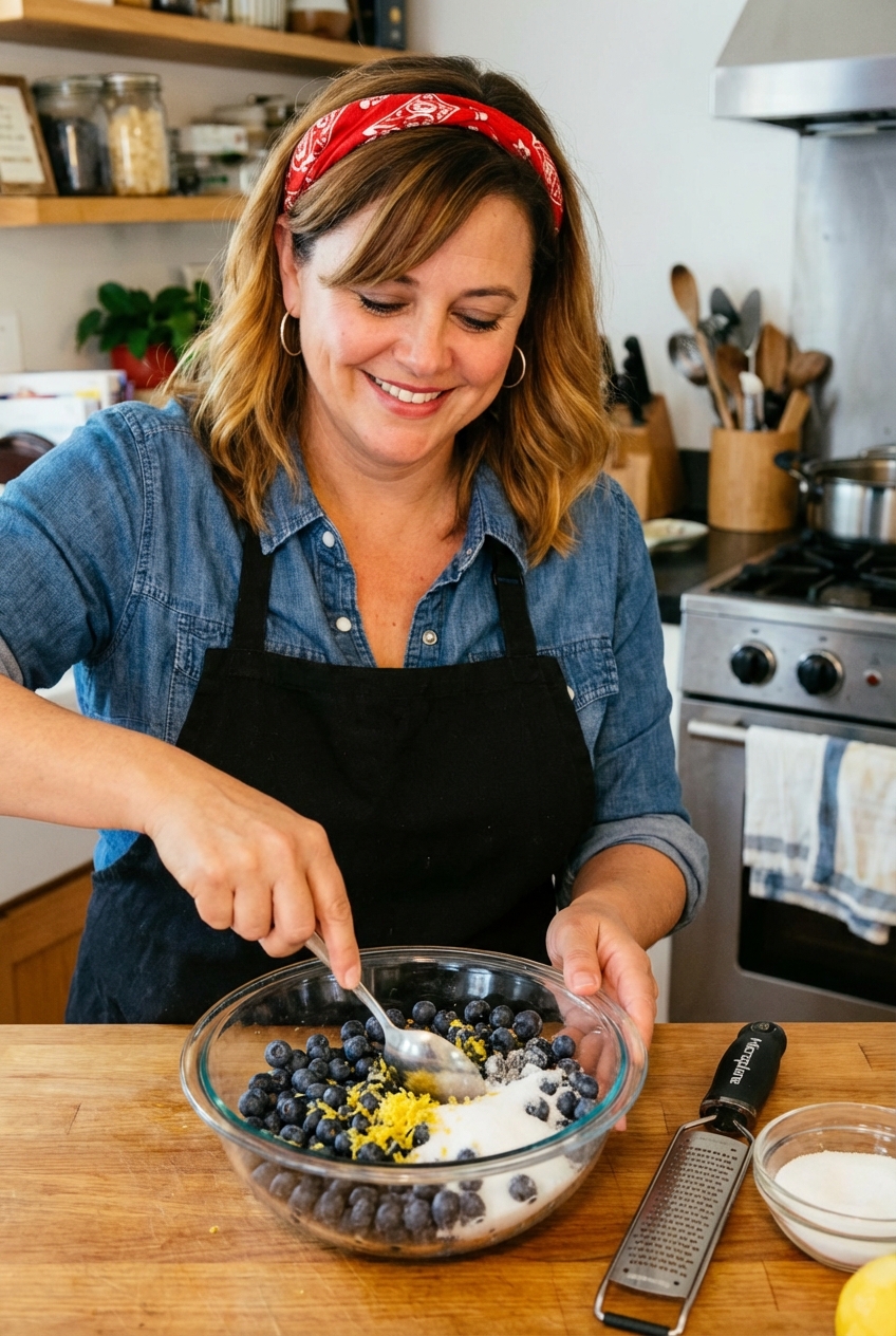 A bowl of fresh blueberries with lemon zest and sugar being mixed with a spoon on a kitchen counter