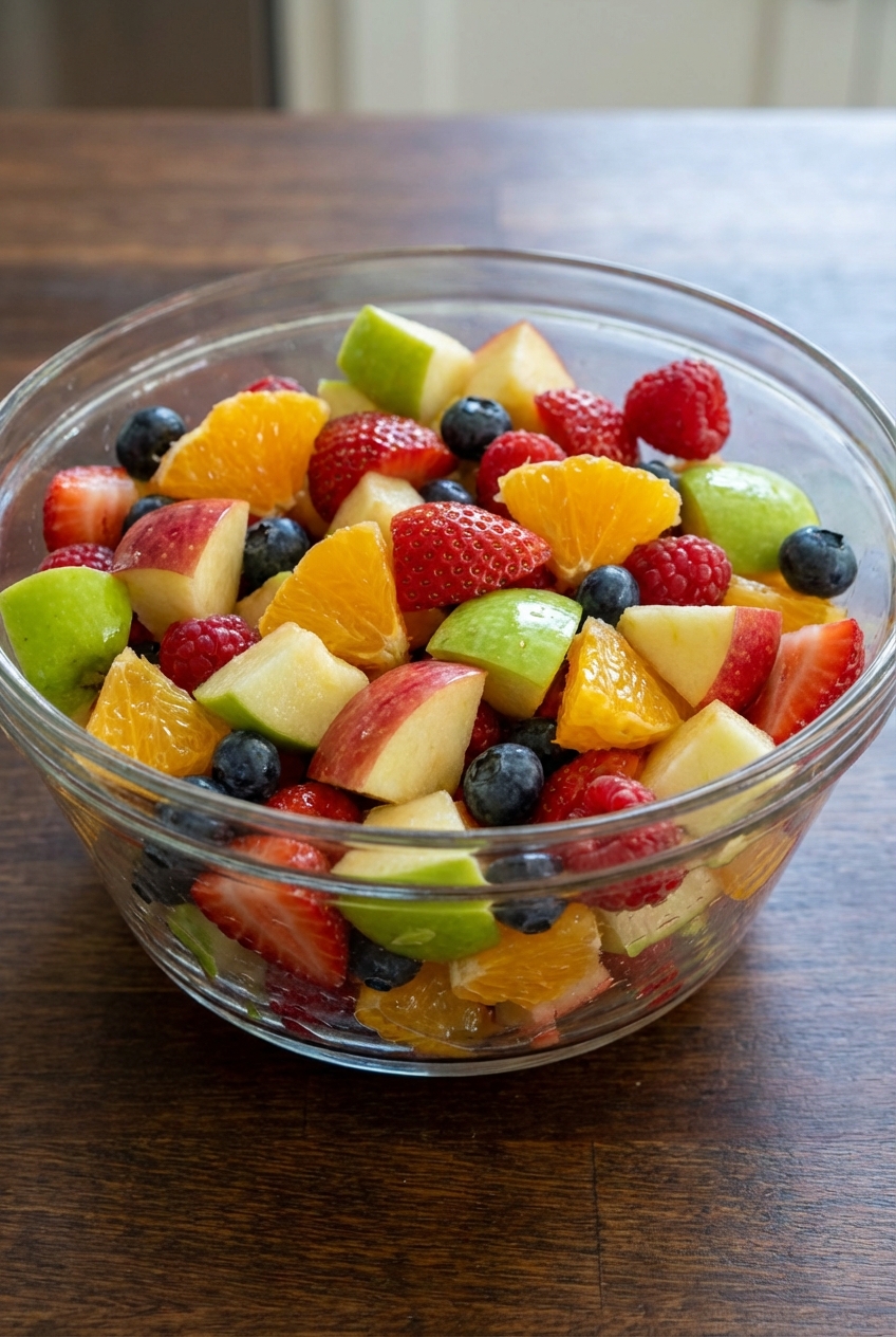 A bowl of fresh fruit salad with apples, oranges, and berries