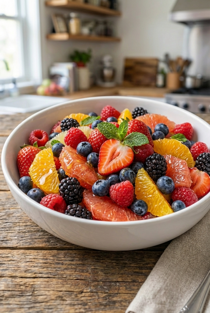 A bowl of fresh fruit salad with berries and citrus