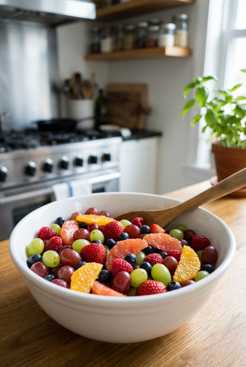 A bowl of fresh fruit salad with grapes, berries, and citrus