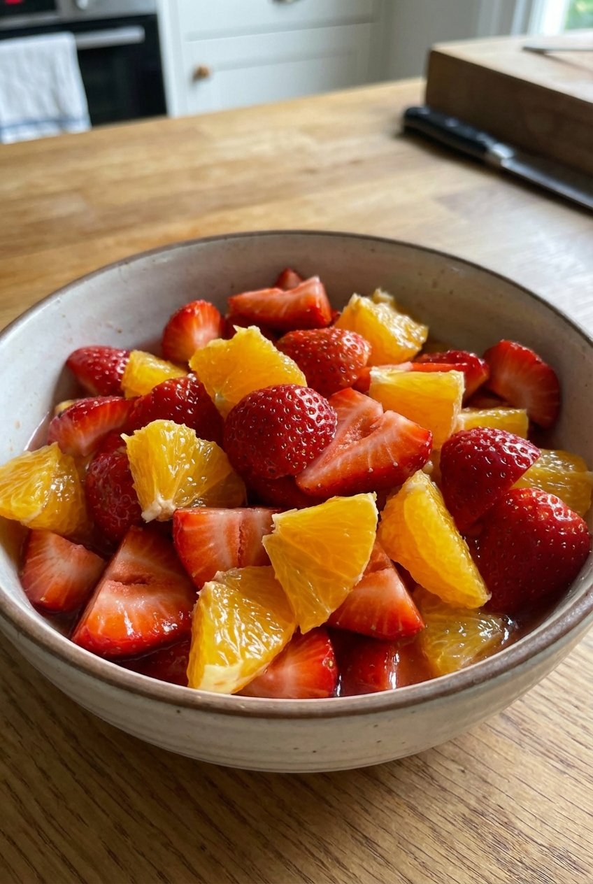 A bowl of fresh fruit salad with strawberries and oranges on a kitchen table