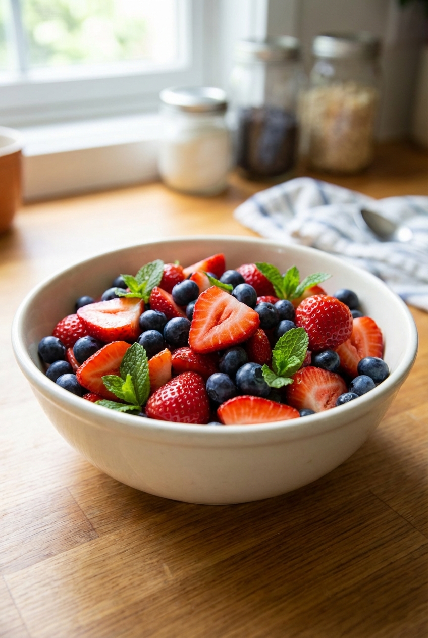 A bowl of fresh fruit salad with strawberries, blueberries, and mint