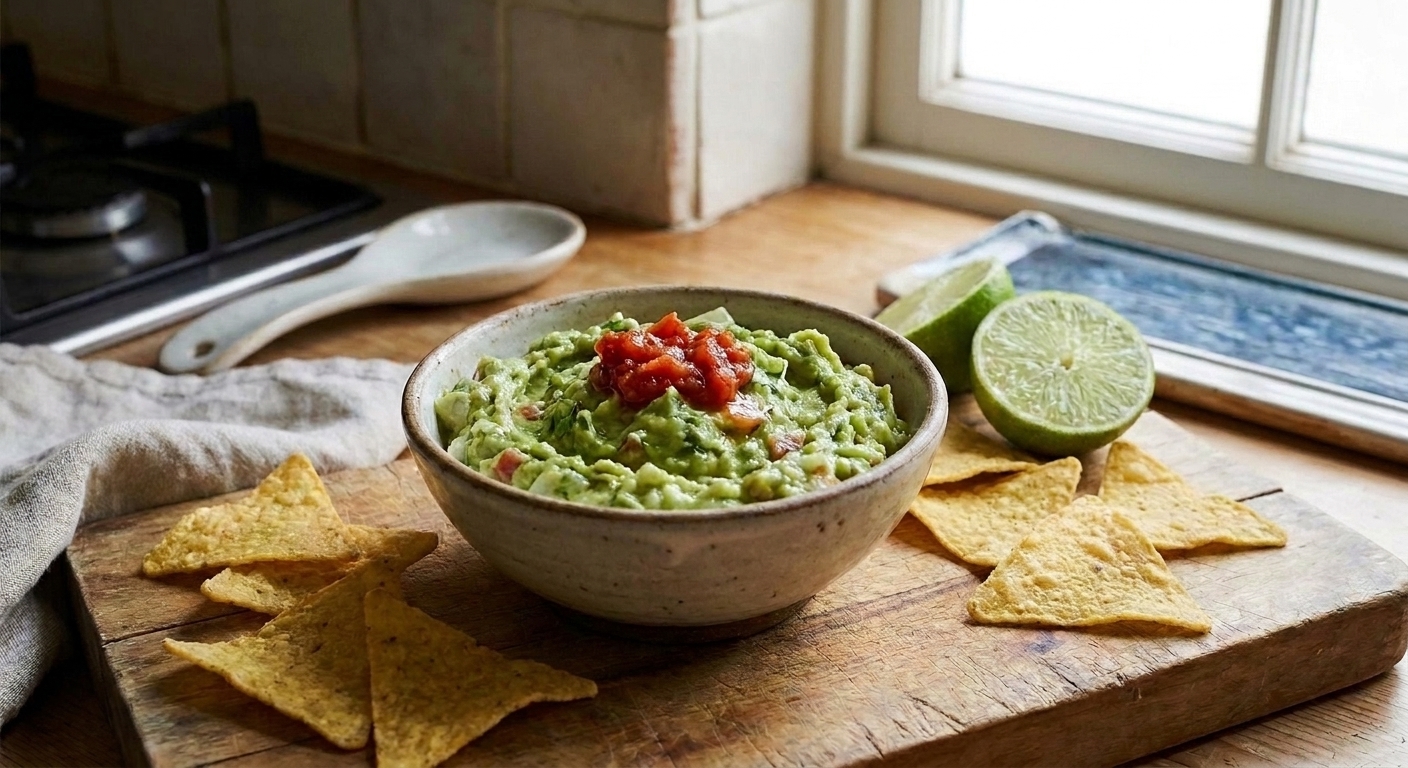 A bowl of fresh guacamole on a casual table setting with tortilla chips and lime wedges nearby in warm natural light