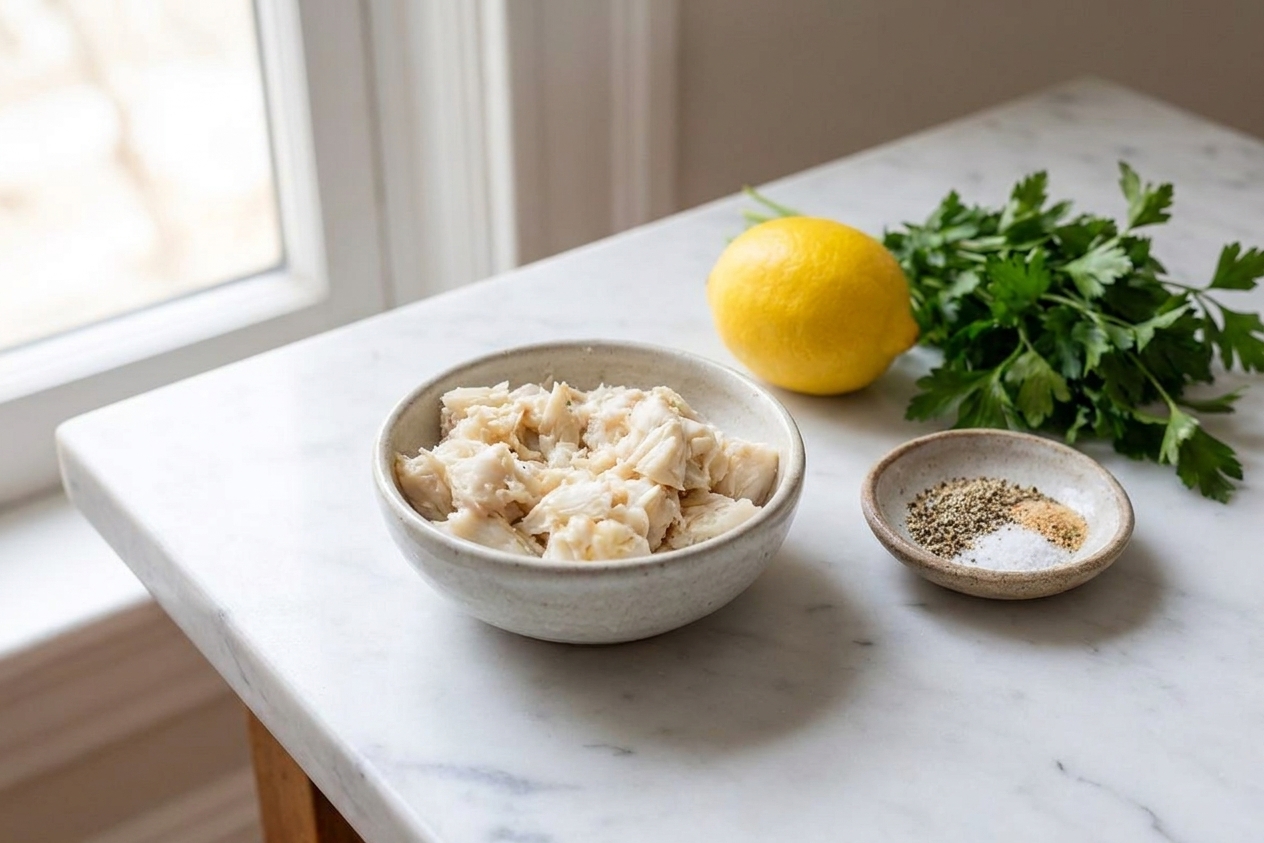 A bowl of fresh lump crab meat on a kitchen counter next to a lemon, parsley, and a small dish of seasonings in soft window light