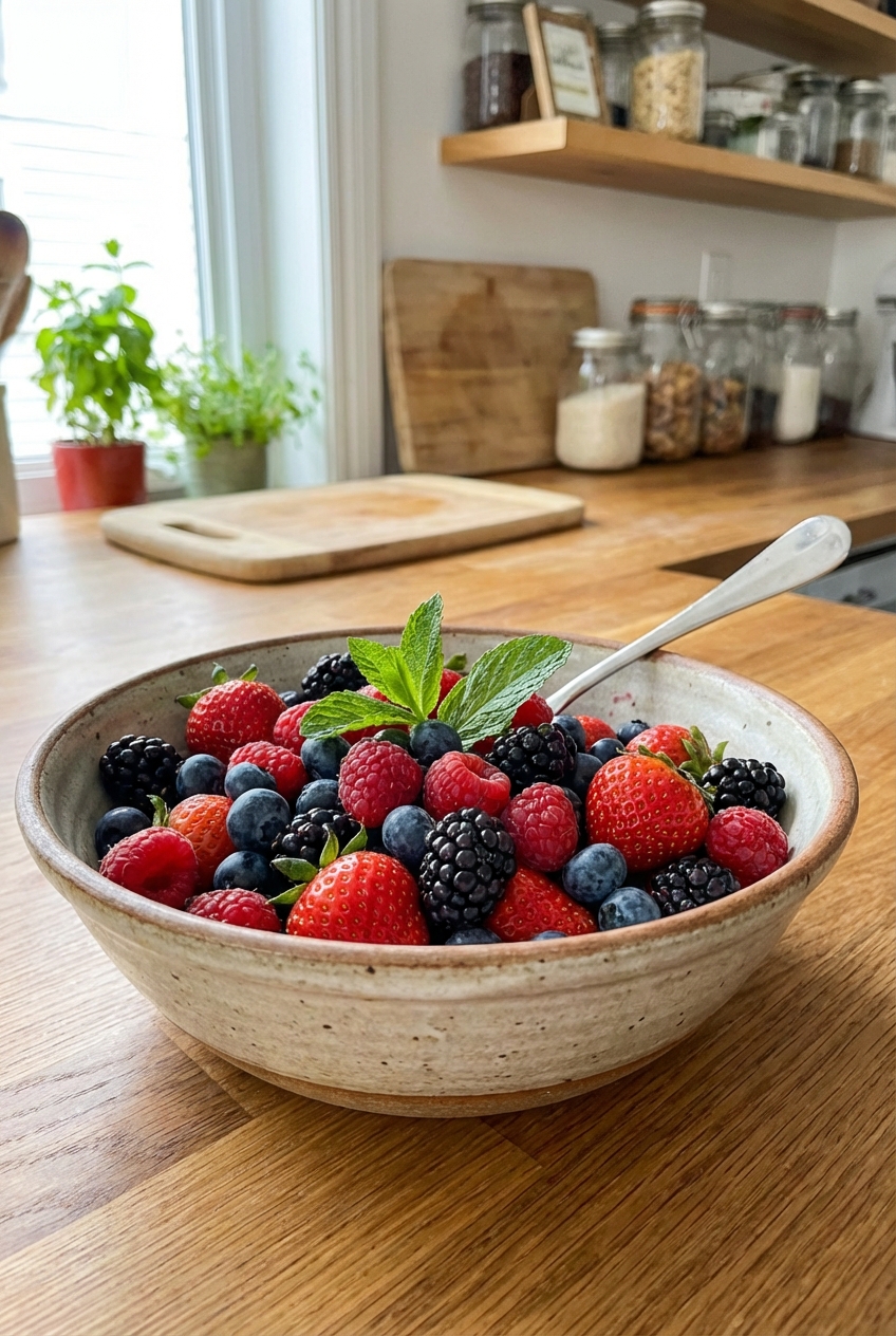 A bowl of fresh mixed berries with a spoon and a few mint leaves