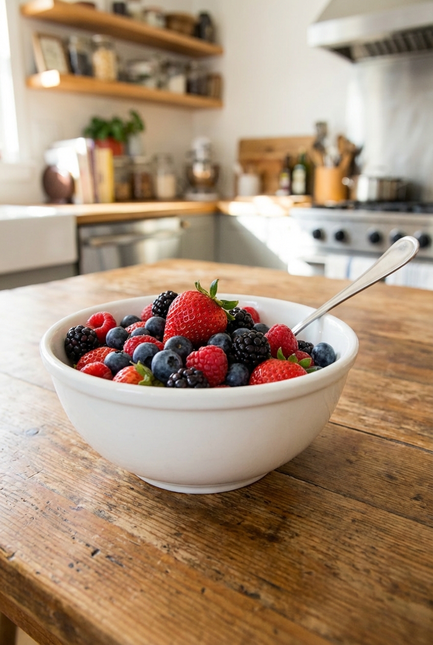 A bowl of fresh mixed berries with a spoon on a breakfast table