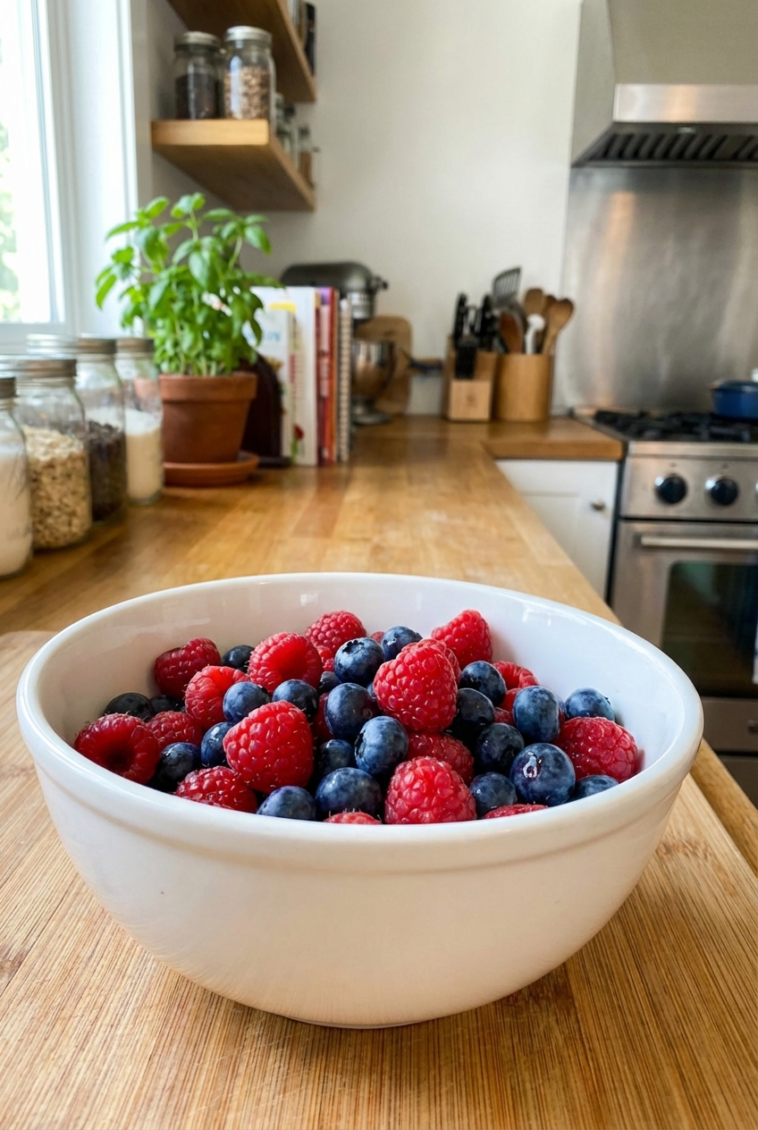 A bowl of fresh mixed berries with raspberries and blueberries
