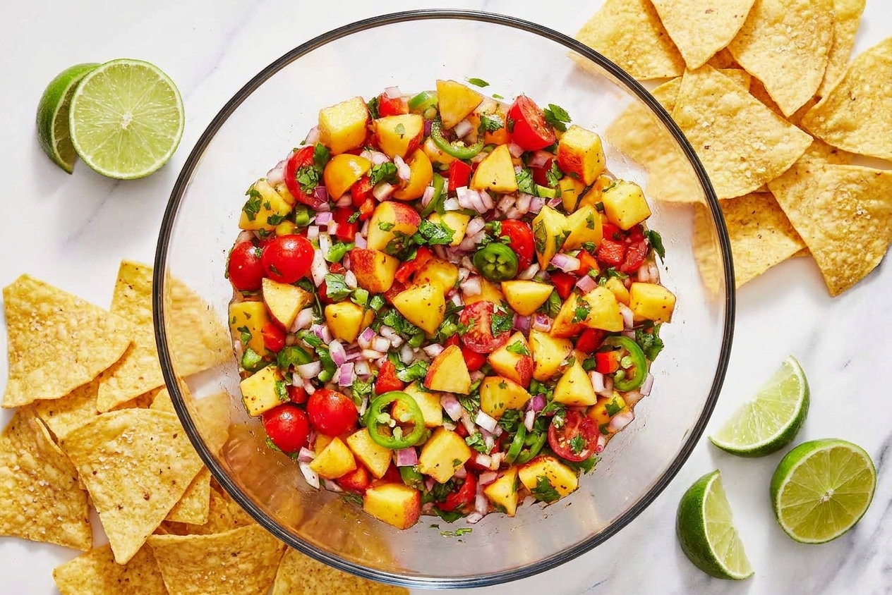 A bowl of fresh peach salsa on a table with tortilla chips and lime wedges set out for serving