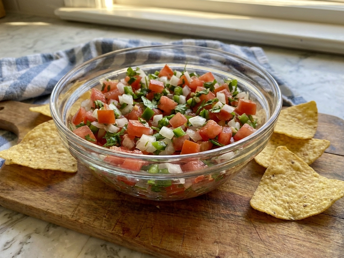 A bowl of fresh pico de gallo with diced tomatoes, onion, cilantro, and jalapeño on a wooden table with tortilla chips nearby, warm natural kitchen light