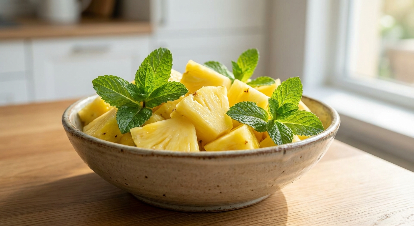 A bowl of fresh pineapple chunks with a few mint leaves in natural light