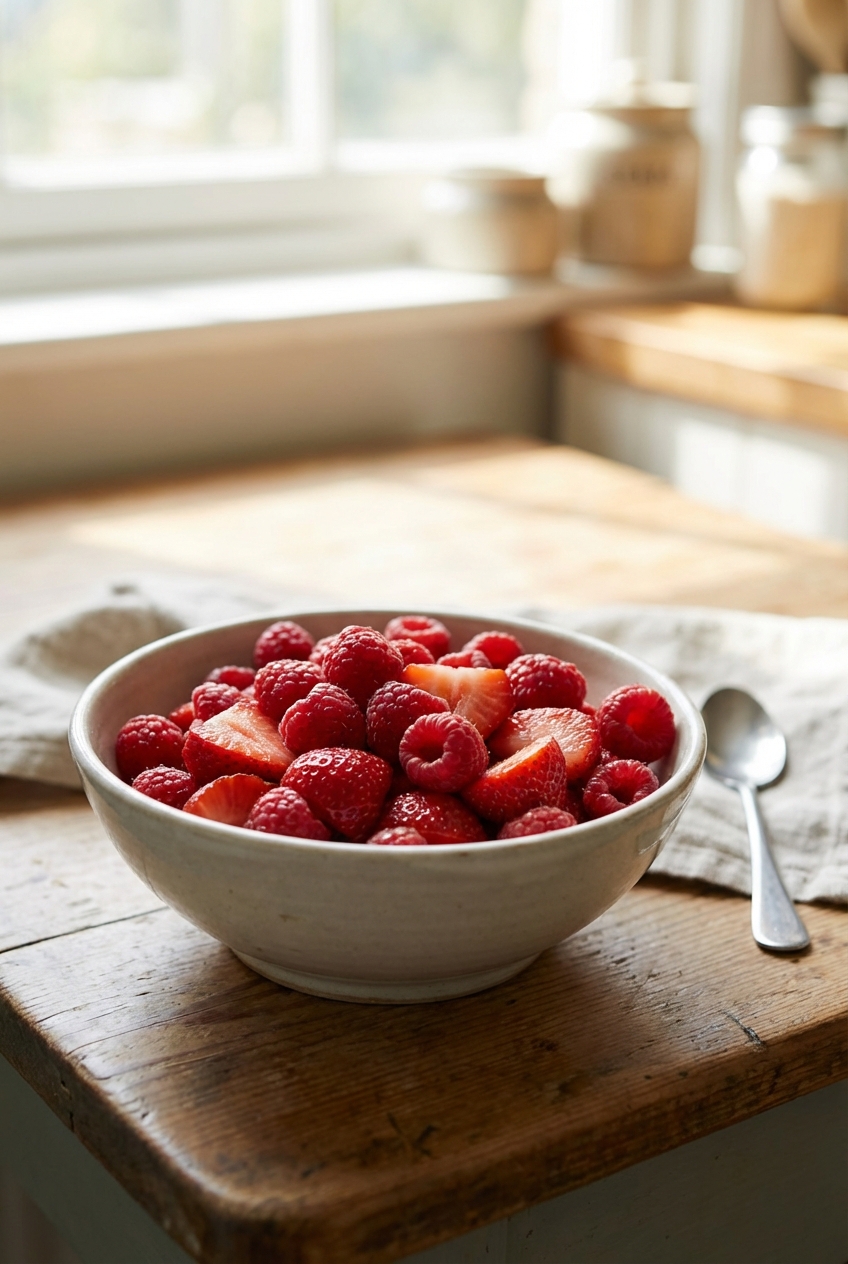 A bowl of fresh raspberries and sliced strawberries in natural light