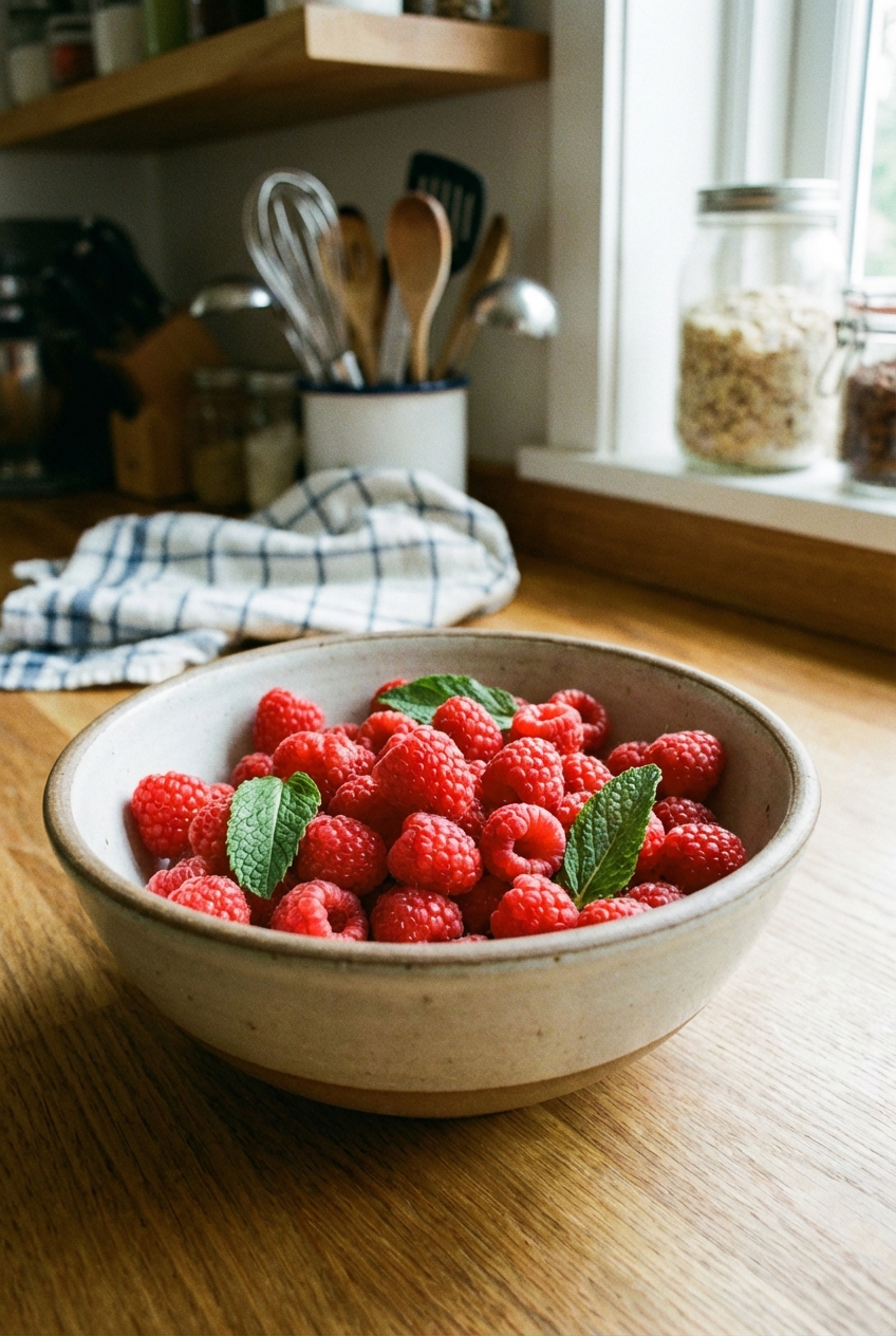 A bowl of fresh raspberries with a few mint leaves
