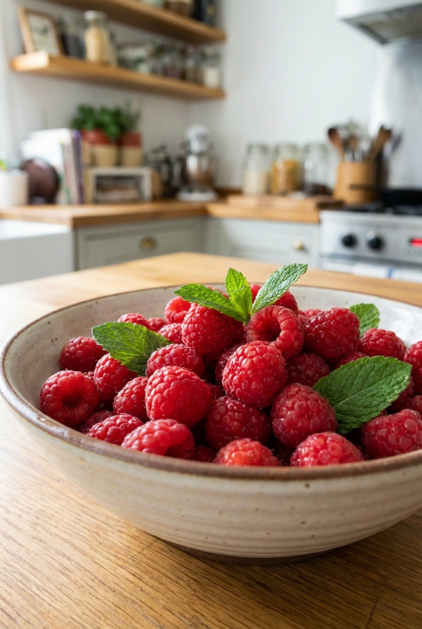 A bowl of fresh raspberries with a few mint leaves