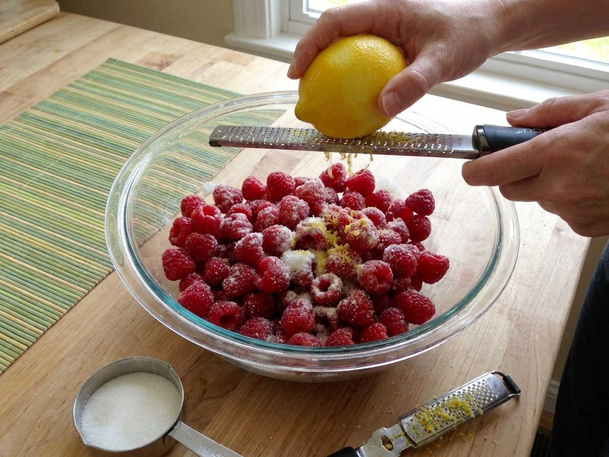 A bowl of fresh raspberries with measured sugar and a lemon being zested on a warm-toned kitchen counter
