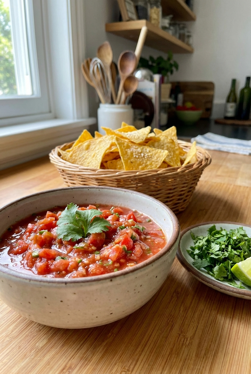 A bowl of fresh salsa with tortilla chips and chopped cilantro on the side