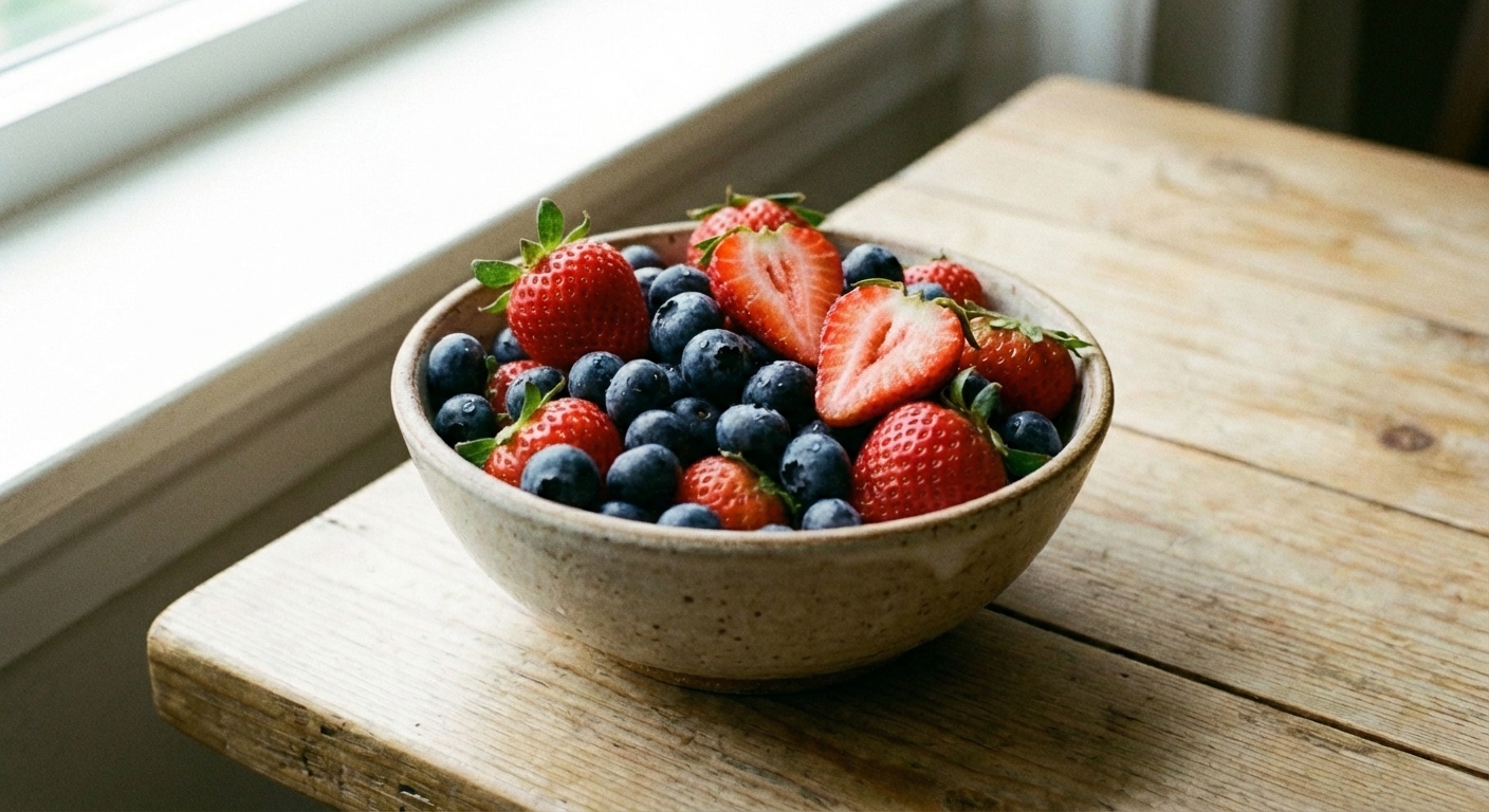 A bowl of fresh strawberries and blueberries on a kitchen counter
