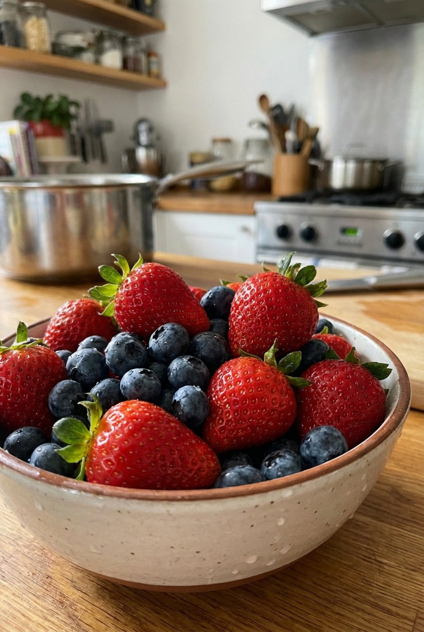 A bowl of fresh strawberries and blueberries rinsed and glistening under kitchen light