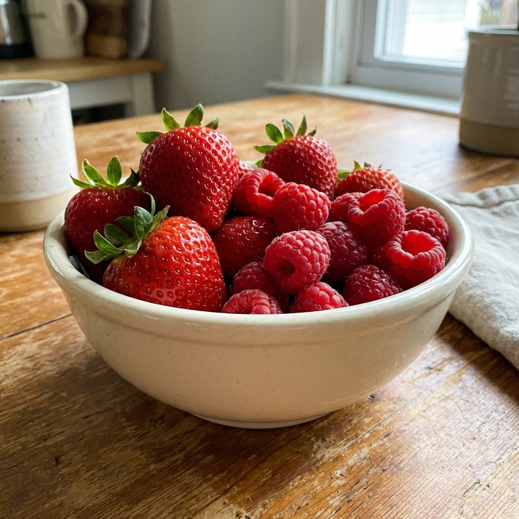A bowl of fresh strawberries and raspberries on a table
