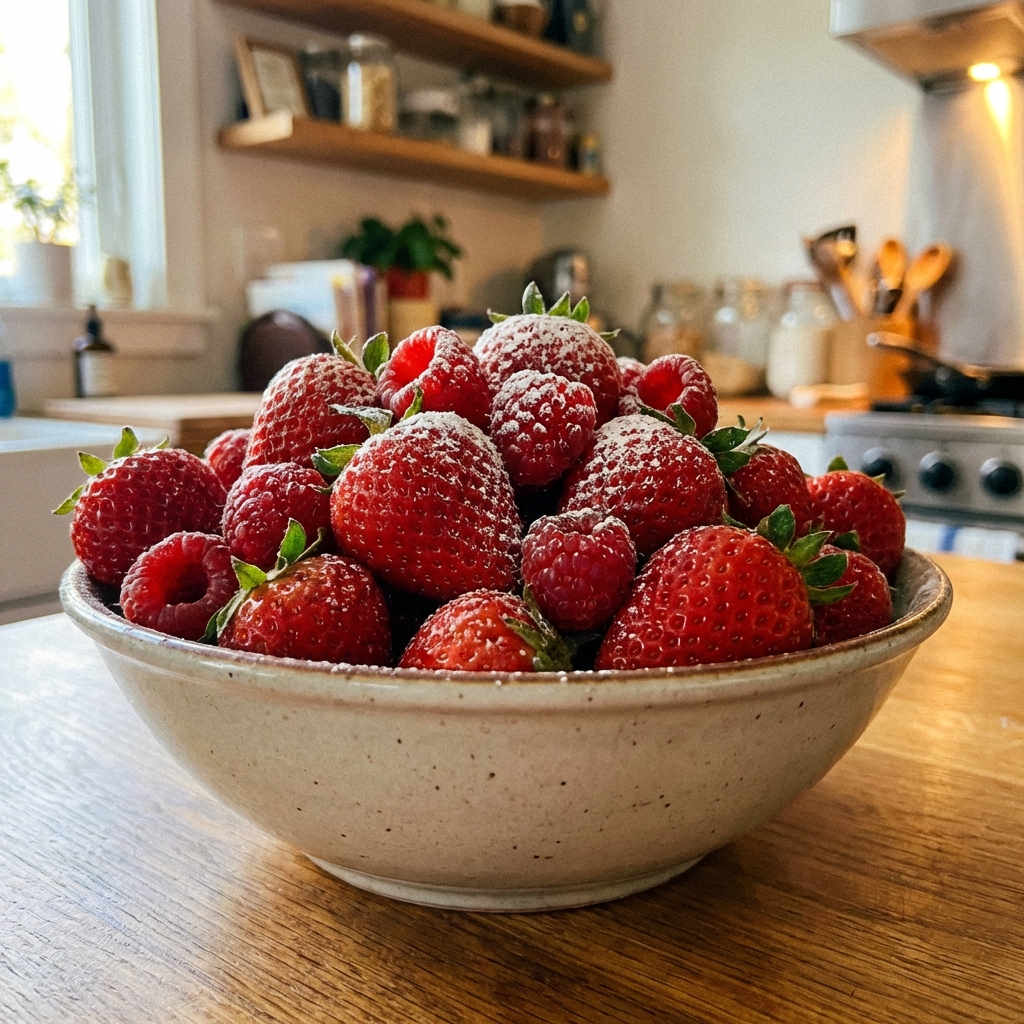 A bowl of fresh strawberries and raspberries with a light dusting of sugar