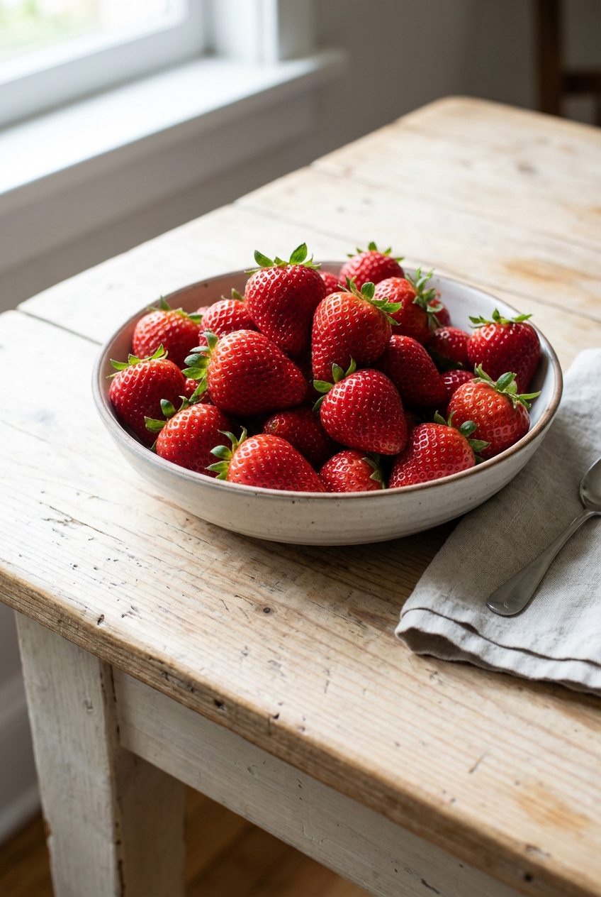 A bowl of fresh strawberries on a light wooden table
