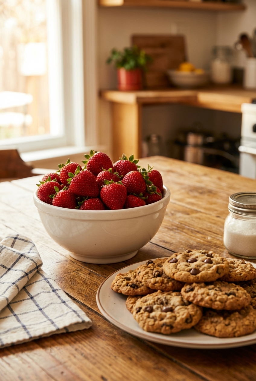 A bowl of fresh strawberries on a table near baked cookies