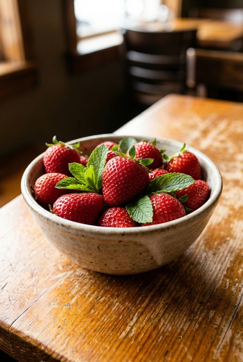 A bowl of fresh strawberries with a few mint leaves