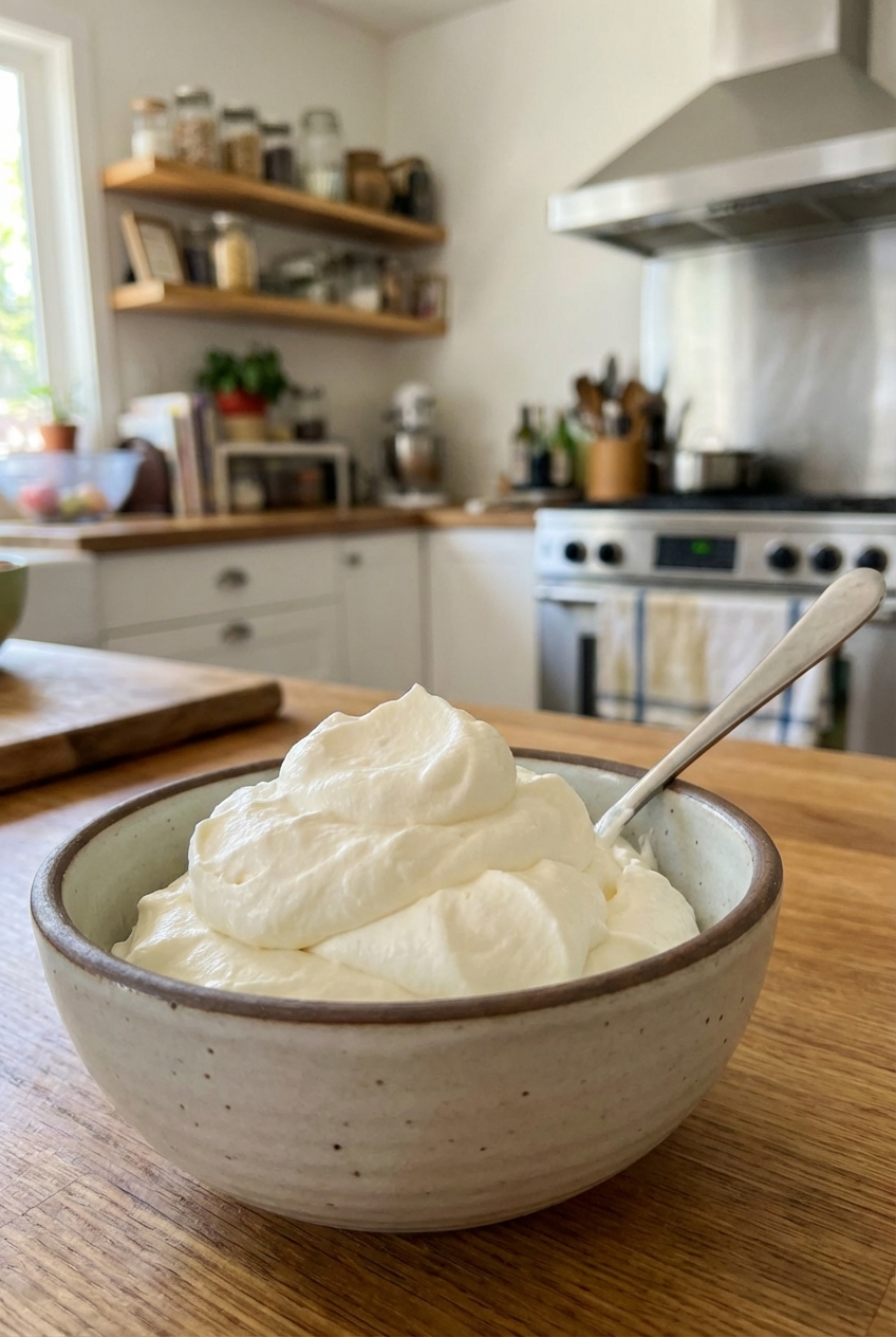 A bowl of fresh whipped cream with a spoon resting in it on a kitchen counter