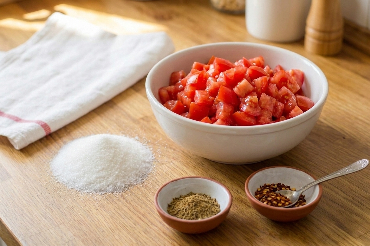 A bowl of freshly diced tomatoes on a kitchen counter next to measured sugar and small bowls of spices, prep scene in warm daylight