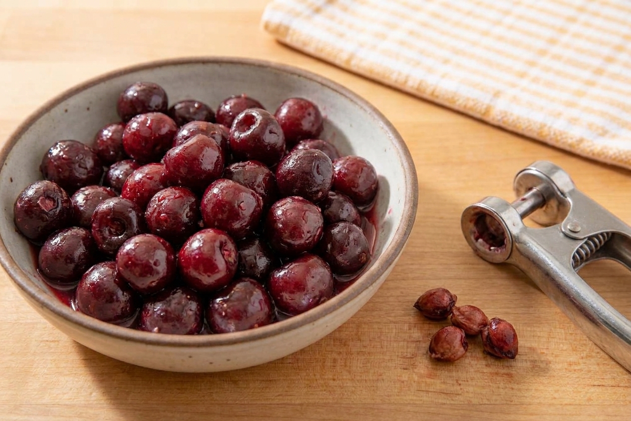 A bowl of freshly pitted cherries on a kitchen counter, with a cherry pitter nearby