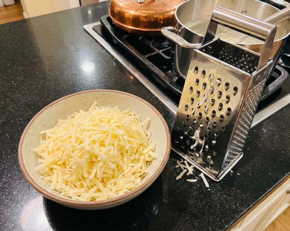 A bowl of freshly shredded Gruyere cheese on a kitchen counter next to a box grater