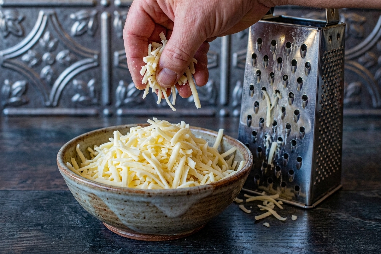 A bowl of freshly shredded Monterey Jack cheese on a kitchen counter next to a box grater