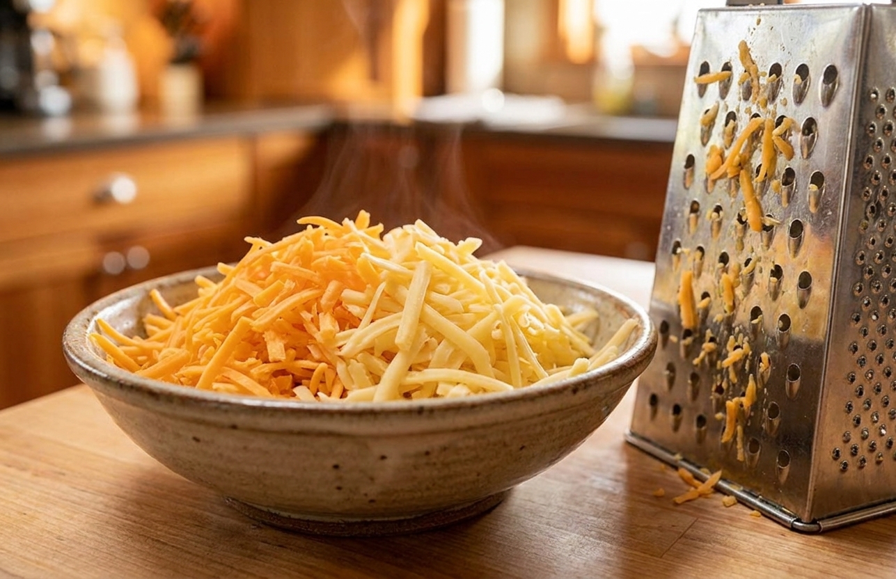 A bowl of freshly shredded cheddar and gouda on a kitchen counter next to a box grater, warm indoor lighting