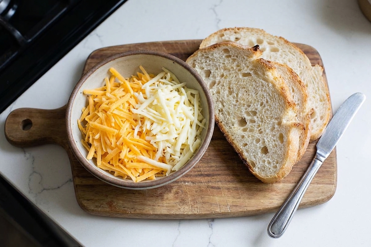A bowl of freshly shredded cheddar and mozzarella on a kitchen counter next to sliced bread