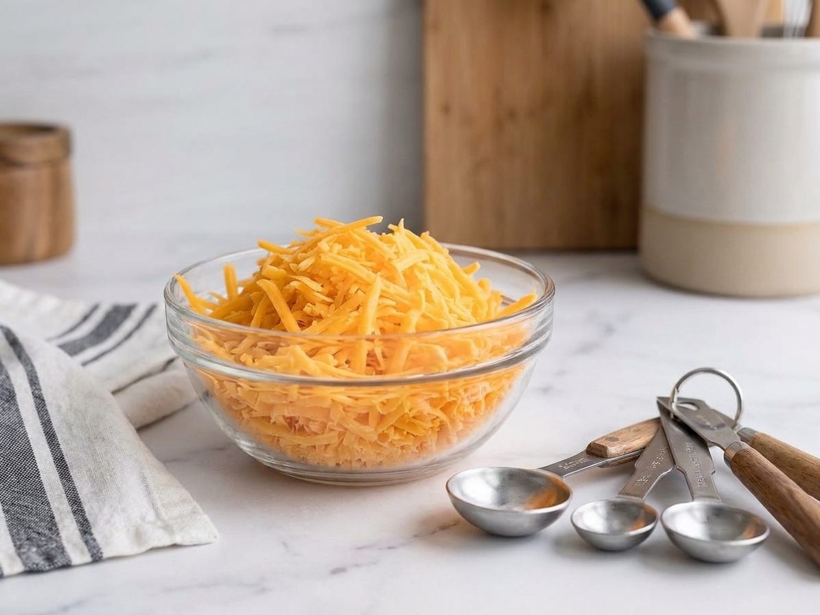 A bowl of freshly shredded cheddar cheese on a kitchen counter next to measuring spoons