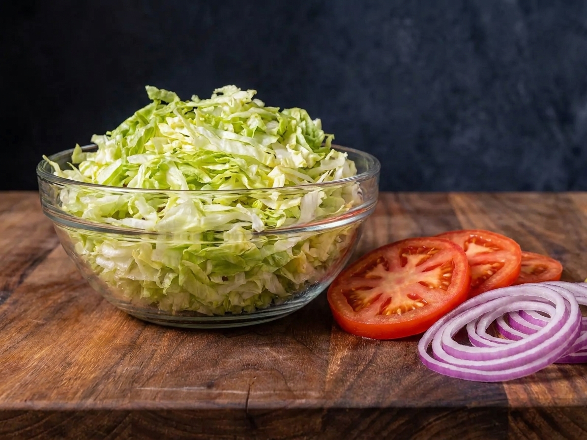 A bowl of freshly shredded iceberg lettuce on a kitchen counter next to sliced tomatoes and thinly sliced red onion