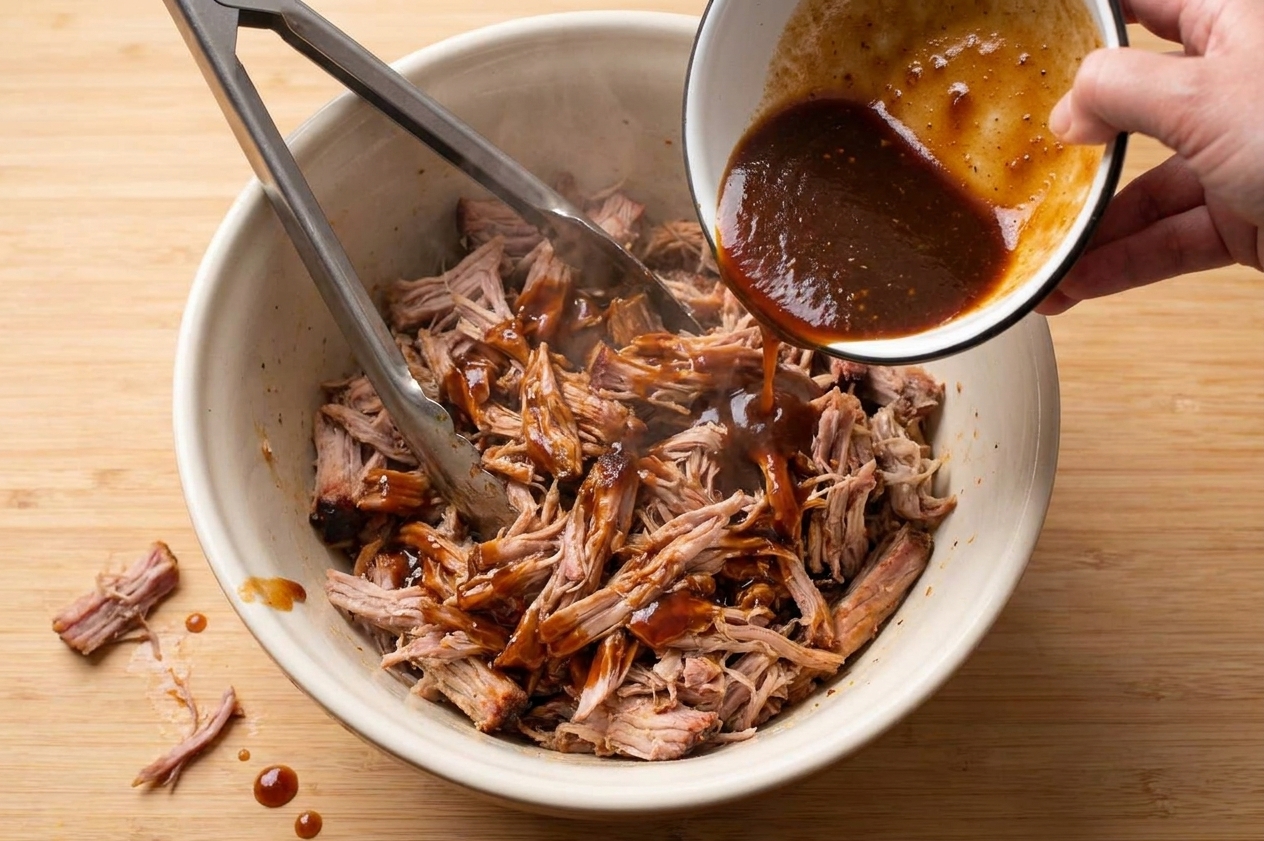 A bowl of freshly shredded pulled pork being tossed with glossy barbecue sauce using tongs on a kitchen counter