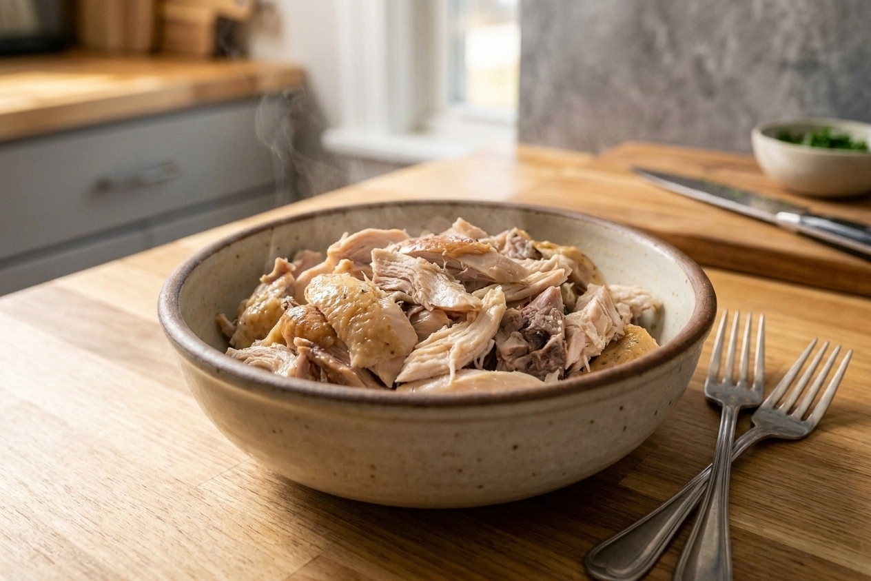 A bowl of freshly shredded rotisserie chicken on a kitchen counter next to two forks, with a cutting board in the background