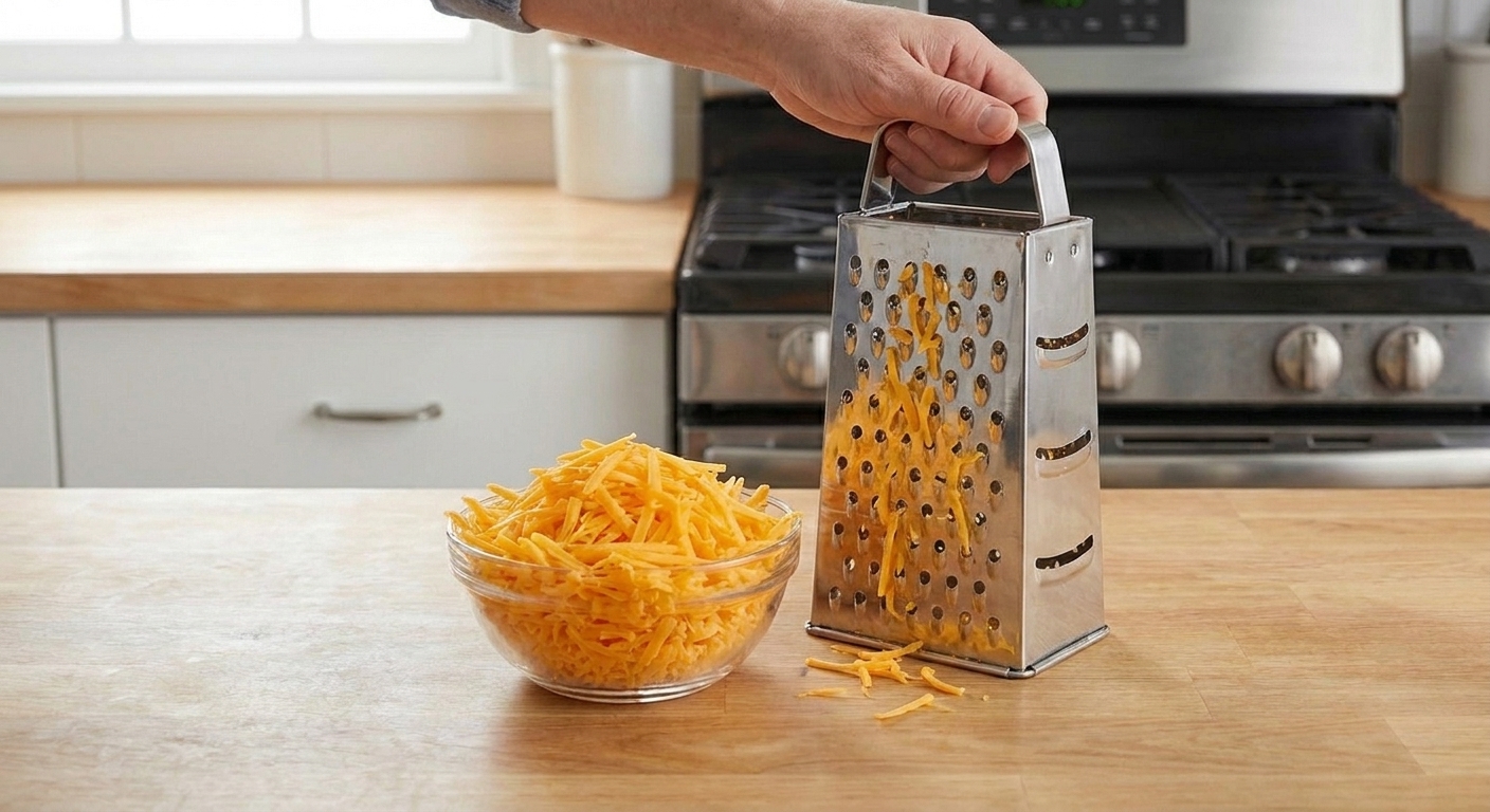 A bowl of freshly shredded sharp cheddar cheese on a kitchen counter next to a box grater