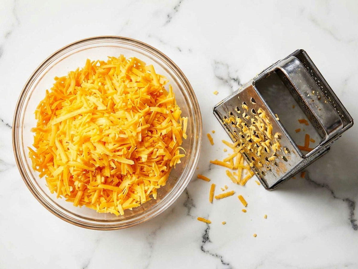 A bowl of freshly shredded sharp cheddar cheese on a kitchen counter next to a box grater