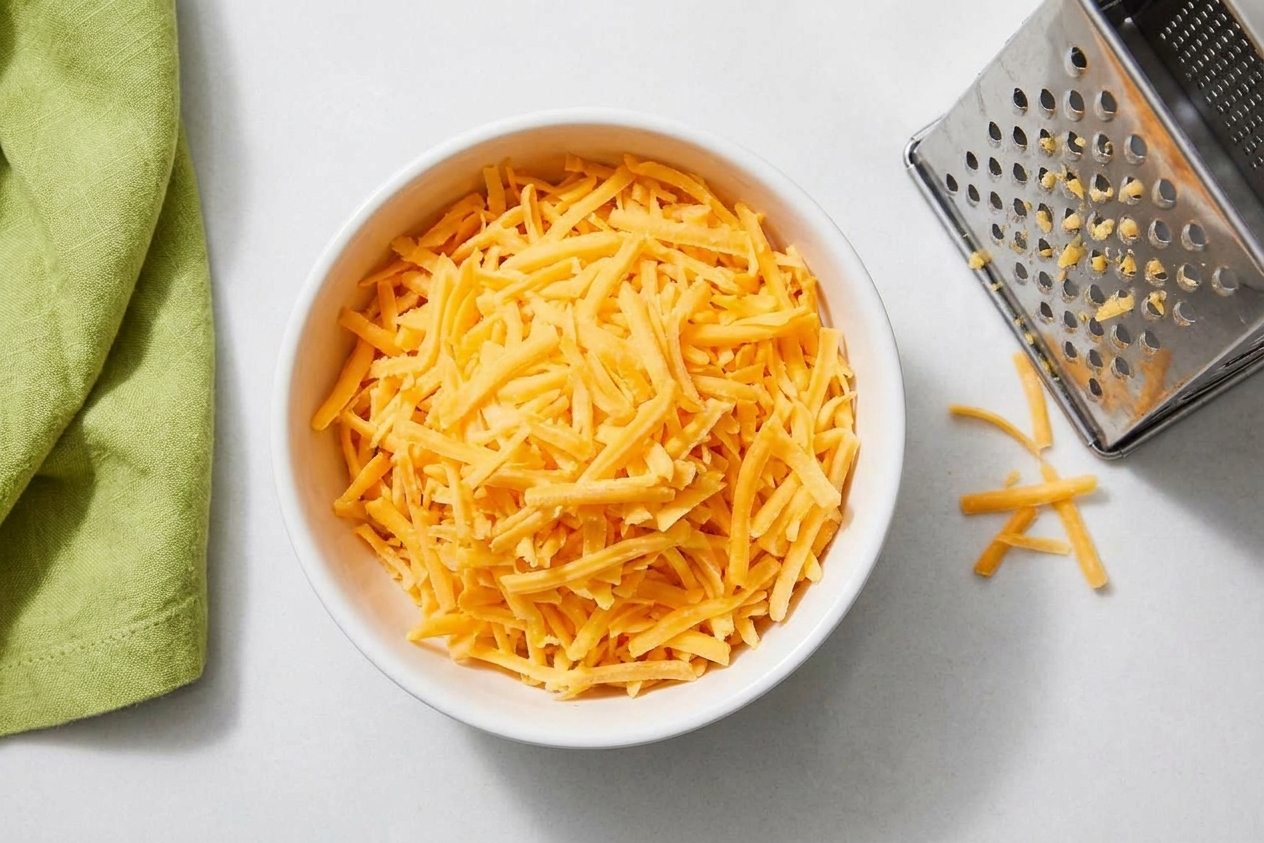 A bowl of freshly shredded sharp cheddar cheese on a kitchen counter with a box grater nearby